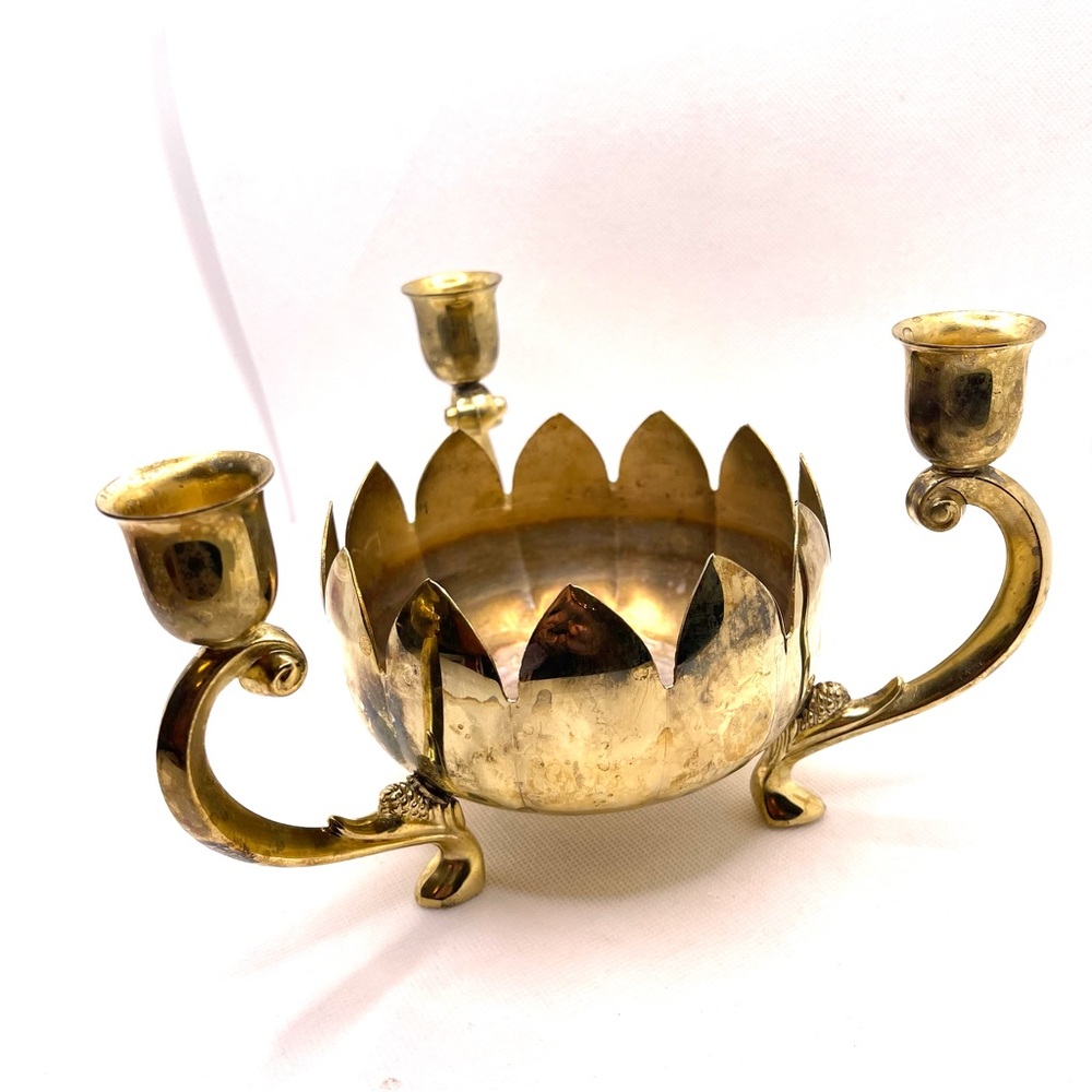 Leonard Brass Plated Centerpiece 3-Arm Candelabra Bowl Vase Vintage Lotus-Style
